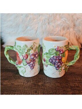 A Pair of Ceramic Fruit Raised Relief Mugs, 400ml/14oz